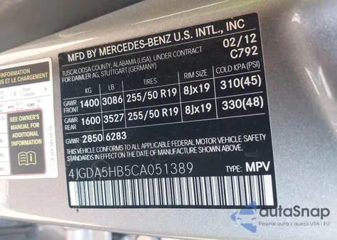 2012 Mercedes-Benz Ml 350 4Matic из США, поврежденный, VIN 4JGDA5HB5CA051389